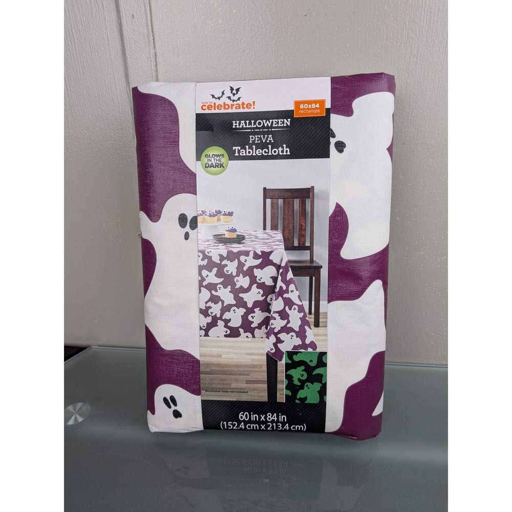 Way to Celebrate Halloween Glow in the Dark Ghost PEVA Tablecloth Purple 60x84